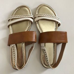 Restricted Braided Gold White Tan Flat Sandals